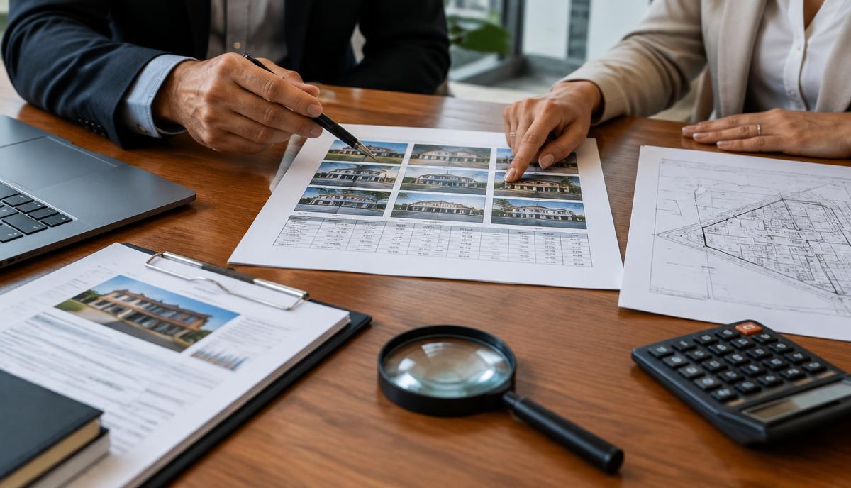 Advogado analisando documentos e laudo pericial sobre a mesa do escritório
