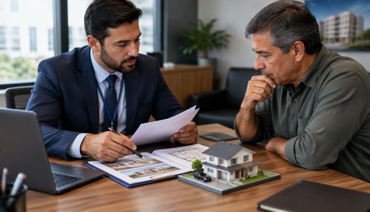 Pessoa analisando documentos de um imóvel com calculadora sobre a mesa