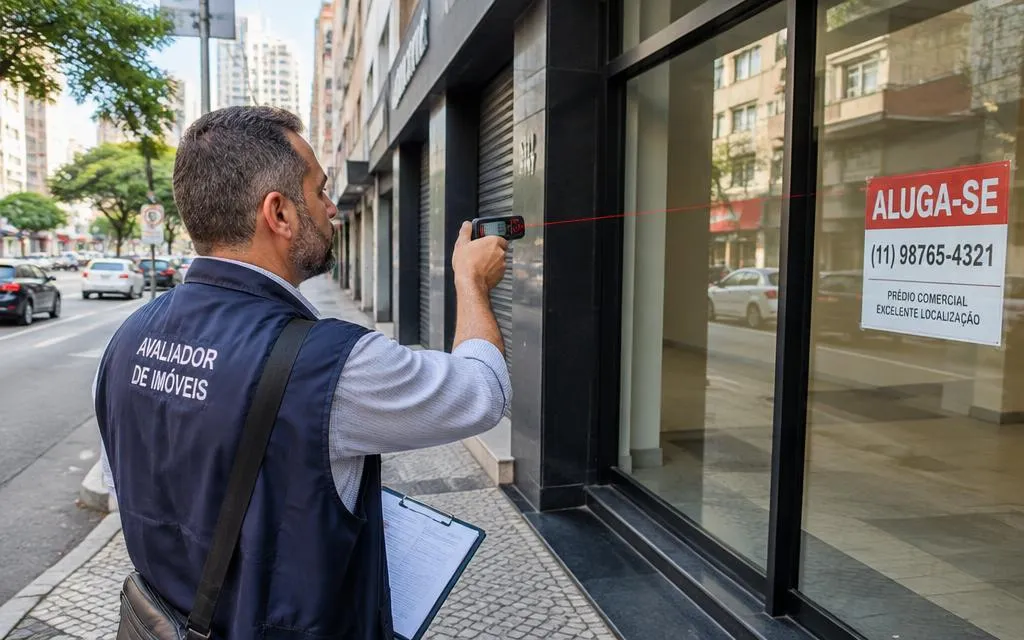 Avaliador medindo fachada de loja comercial em rua de São Paulo Avaliador medindo fachada de loja comercial em rua de São Paulo