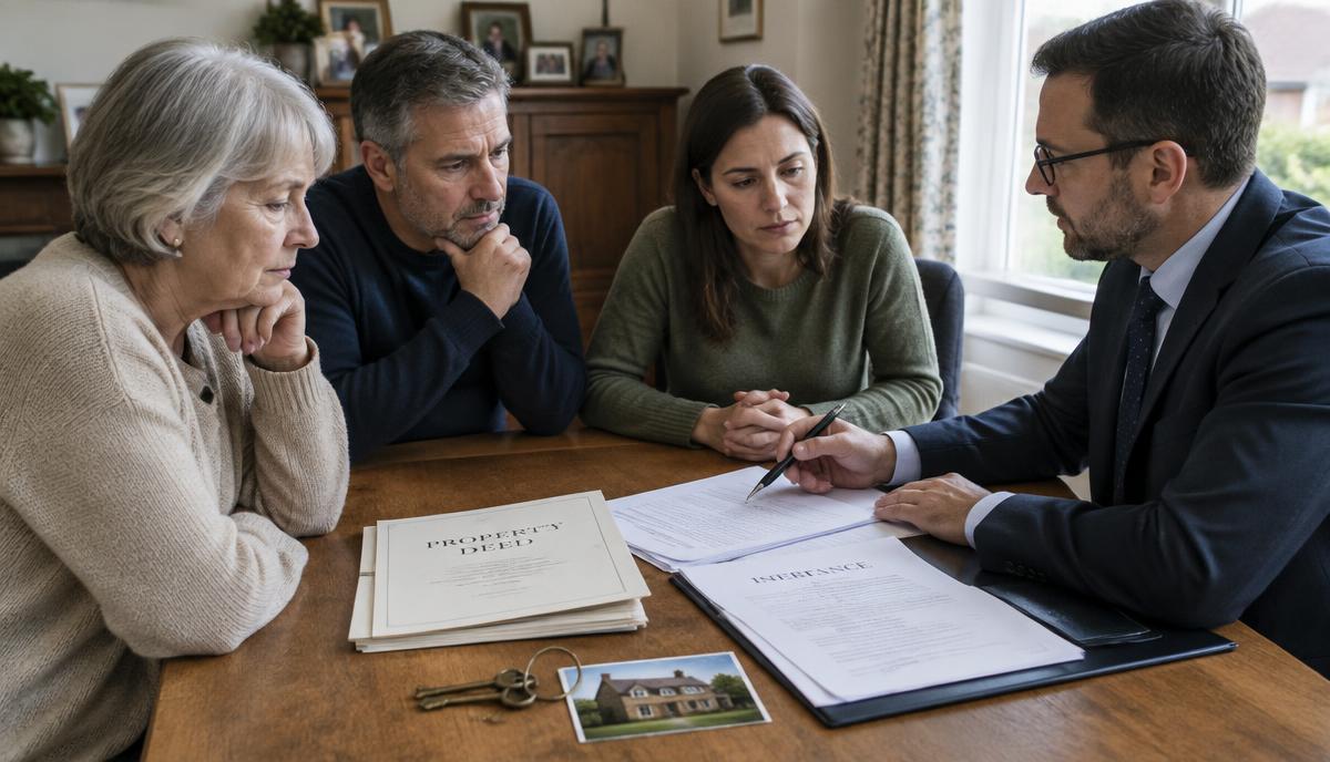 Família reunida à mesa com documentos de imóvel e um profissional orientando