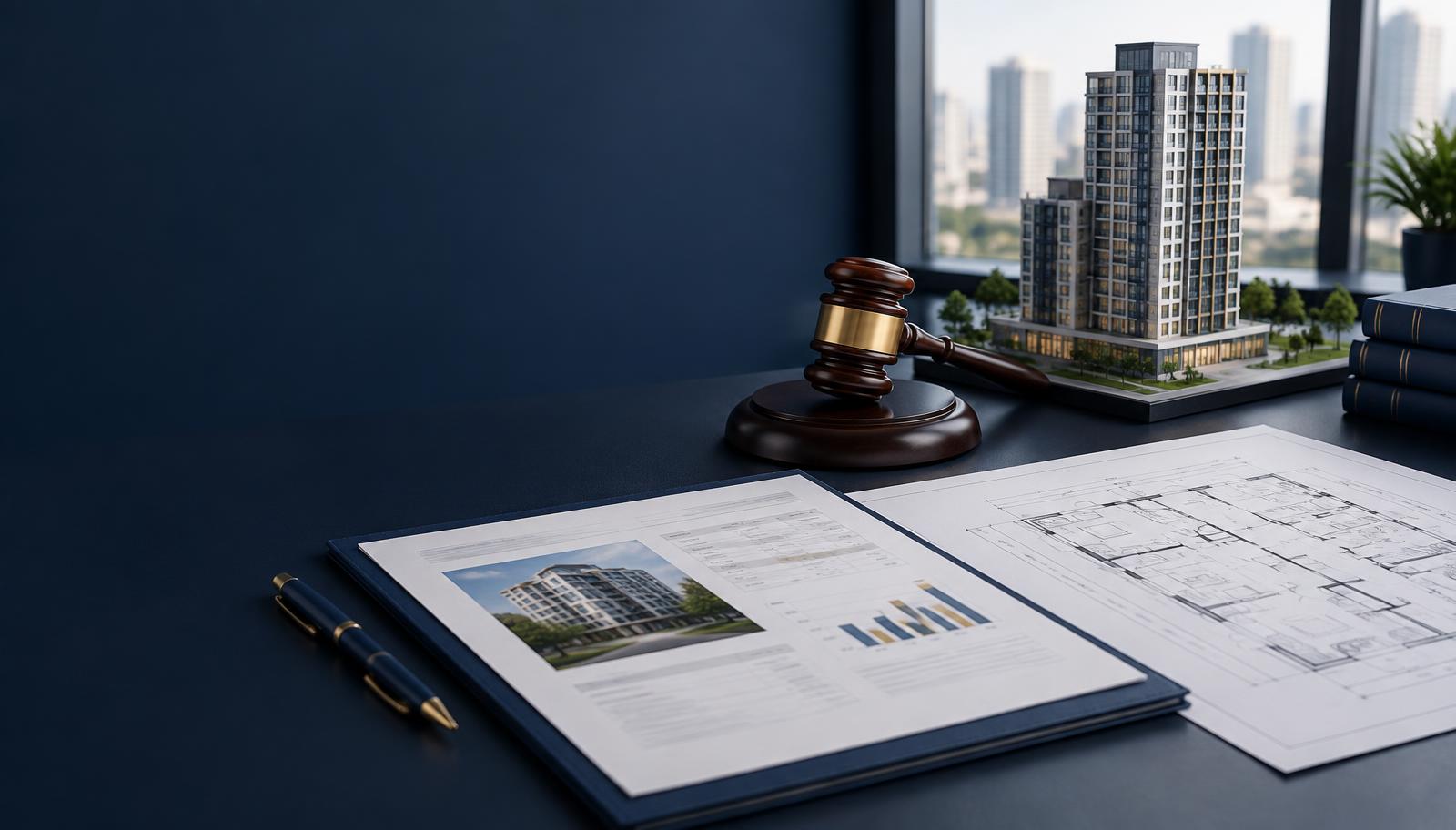 Laudo, planta e modelo de edifício em contexto de avaliação judicial