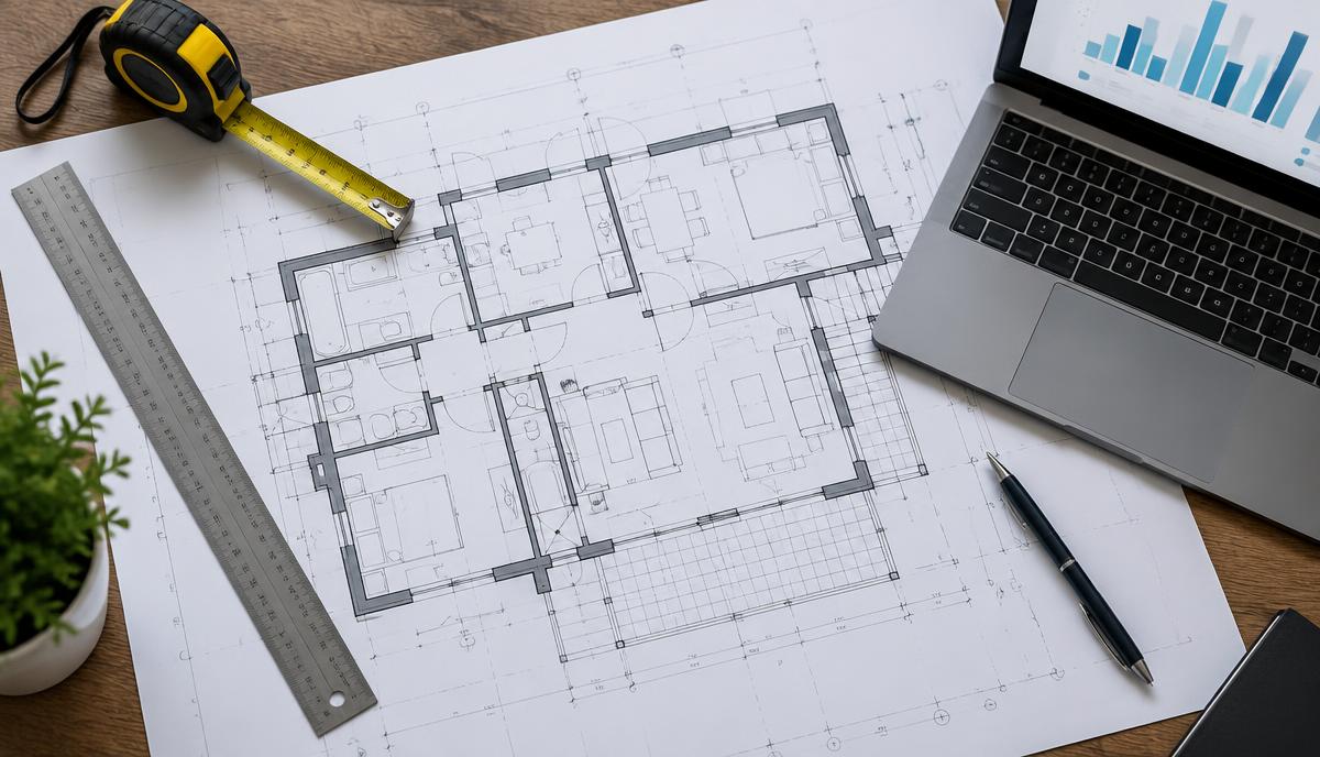 Planta de imóvel com trena, régua e notebook com gráficos