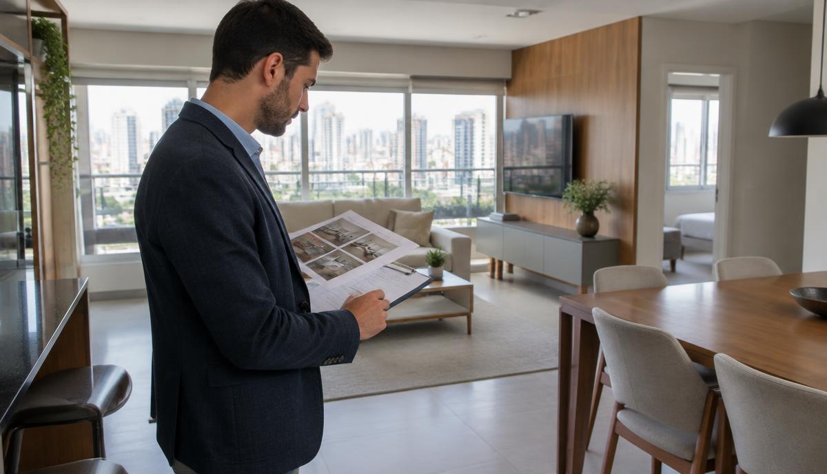 Calendário e planta de imóvel sobre a mesa de trabalho do avaliador